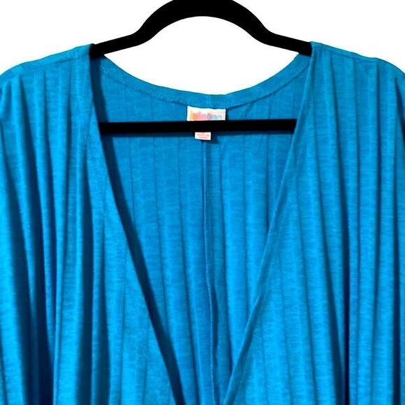 LuLaRoe solid aqua blue textured rib knit hi lo Lindsey kimono size S - Picture 2 of 8
